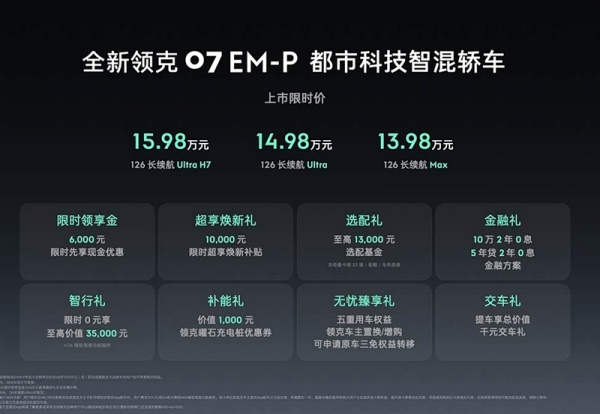 详细阅读:新款领克07 EM-P上市 售价为15.58-17.58万 新款领克07 EM-P上市 售价为15.58-17.58万